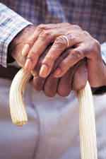 Hands of an older couple resting on a cane